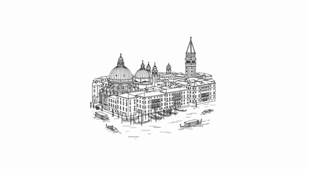 Obraz premium Sketch of classic architecture with domes and canal boats on water