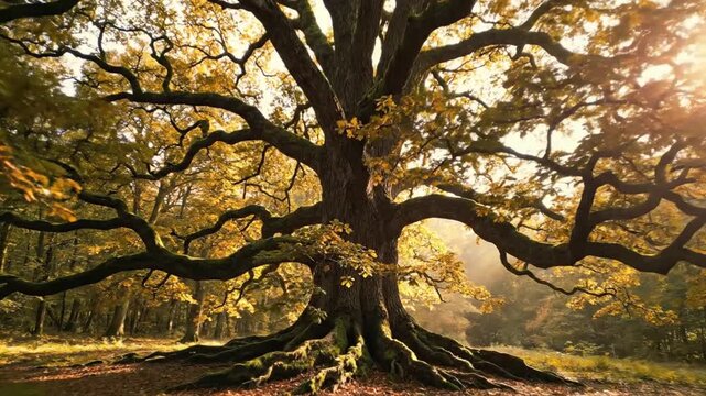 Majestic ancient tree with sprawling mossy roots in sunlit autumn forest