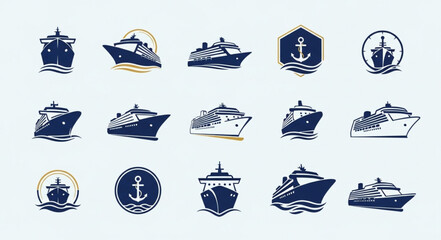 Collection of various cruise ship and boat logos in blue color. © Hais