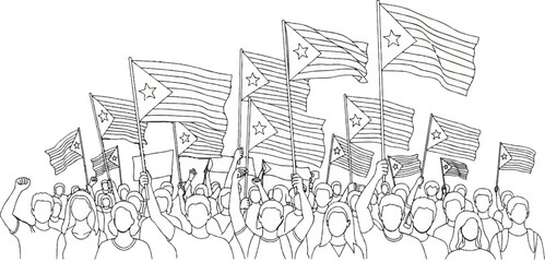 Obraz premium A diverse crowd of people holds up many flags with stars during a demonstration