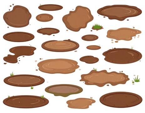 Assortment of cartoon puddles and patches, various shapes, shades of brown, some with grass accents, isolated on white