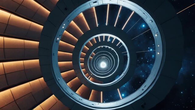 Cinematic low angle view of a futuristic space station interior featuring a complex rotating circular structure with warm glowing lights against a backdrop of deep space and stars, perfect for science