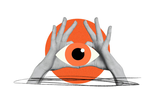 Creative retro 3d magazine collage image of hands show human eyeball stare third esoteric eyesight jewish control espionage