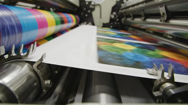 Close-up view of a modern offset printing machine producing vibrant colorful prints on paper sheets