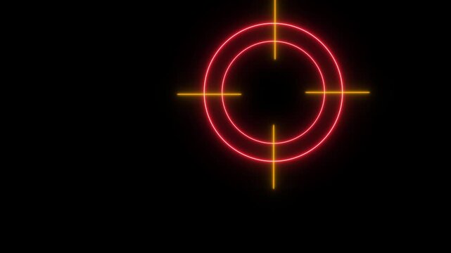 Glowing neon target icon animation on black screen. Neon aims cross, target search and aiming animation. Crosshair, gun aim, sniper target concept. 4k video.