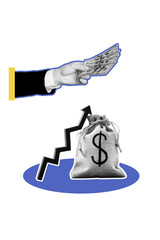 Fototapeta premium Vertical poster image collage of hand hold dollar banknotes arrow development growth usd capital bag profit success payment