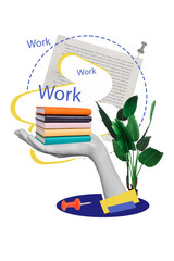 Fototapeta premium Vertical photo collage of hand hold book stack education concept plant palm workload occupation paper sheet isolated on painted background