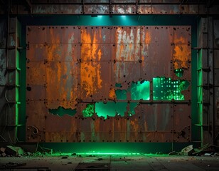Fototapeta premium Rusty Metal Door with Green Lights in Abandoned Industrial Setting.