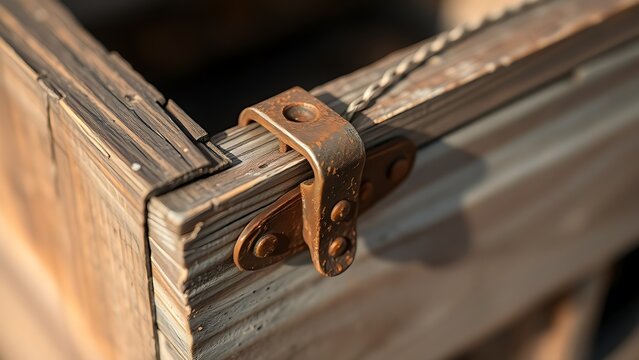  Close-up of a rusty iron hasp fastened on an old wooden crate with side lighting. safety posters, maintenance manuals, designed for precision metalworking and fabrication facilities.