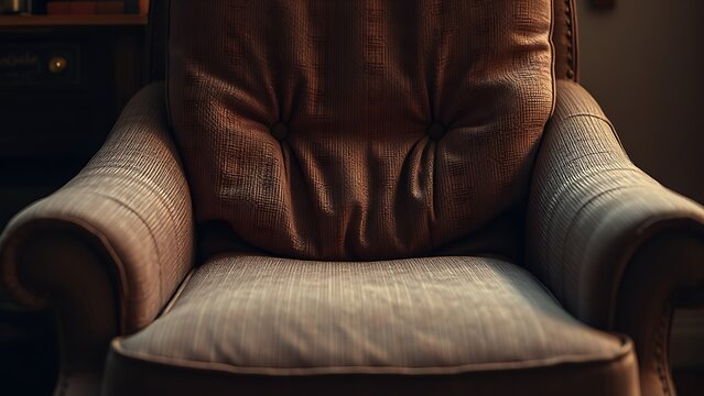 An old fabric armchair with a sagging seat cushion in warm light. lifestyle magazines, social media lookbooks, designed for lifestyle magazines and social media content.