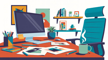 Fototapeta premium Creative home office desk with computer art supplies and coffee modern workspace illustration for design and productivity concepts