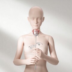 Female mannequin holding a silver rose in soft light background  