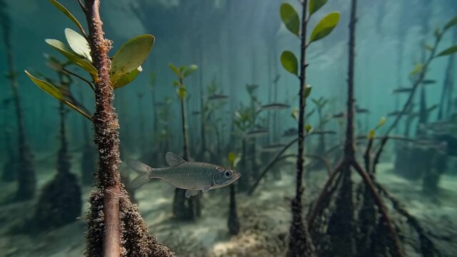 Serene Underwater Scene with Small Fish Swimming Among Mangrove Roots in Clear Tropical Water.