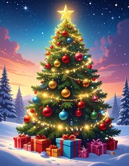 Animated Christmas tree with decorations, star, and gifts in snowy landscape