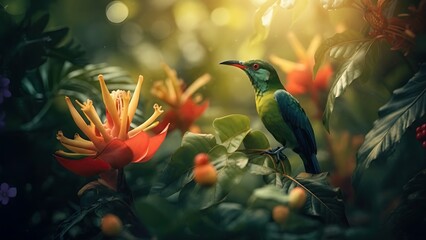 Obraz premium A vibrant, small, iridescent bird perched on a branch amidst lush, exotic foliage - vibrant, photograph small iridescent