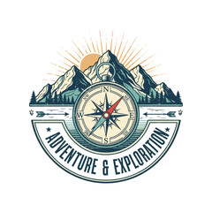 Fototapeta premium Vintage compass emblem with mountains and sunburst, symbolizing adventure and exploration.