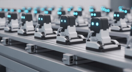 Obraz premium Futuristic Assembly Line Featuring Multiple Small Robots with Glowing Blue Eyes, Showcasing Modern Automation Technology