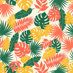 Vibrant Tropical Leaves Pattern in Bright Colors. © KMB