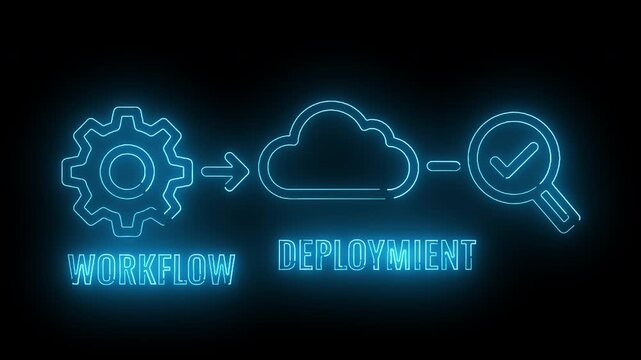 Neon-lit illustration of a workflow process with a gear, cloud, and magnifying glass on a black background with blue glow.