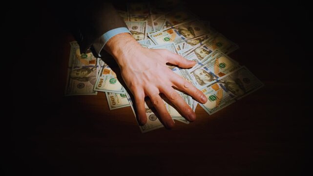 closeup shot man hand rakes in pile of money dollar bills. person takes bribe income, salary profit. Money making, success, wealth concept large sum of cash wage dollars prize win. Hand male thief 4k