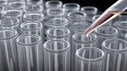 Liquid is carefully poured into a test tube from a pipette in a laboratory. Focus is on the method and detail in the process