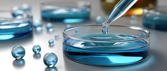 Blue petri dishes are placed on a table with a pipette adding liquid in a setup for medical research tasks and experiments