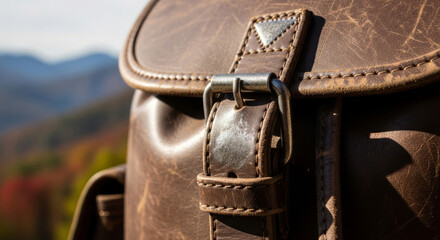 Close-up of a Weathered Leather Backpack Buckle with a Scenic Background of Mountains and Autumn Foliage