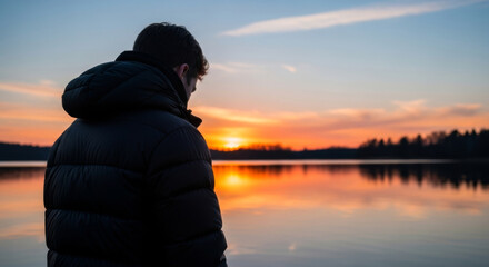 Fototapeta premium Contemplative Young Man Stands by a Tranquil Lake at Sunset, Reflecting on the Serene Beauty of Nature