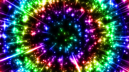 カラフルなキラキラしたエフェクトがはじけて飛び散るようなインパクトエフェクトの背景