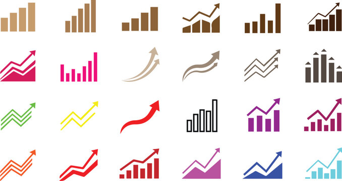 Collection of colorful graph and chart icons in various styles and colors