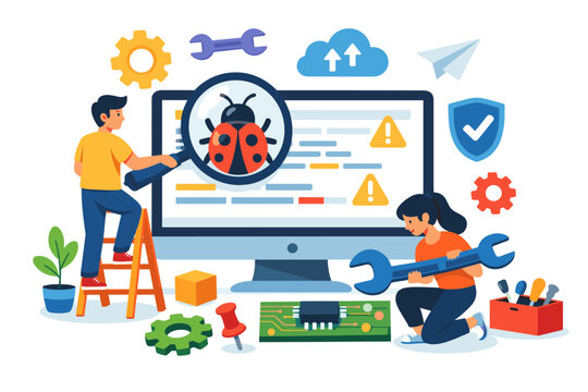 Software developers debugging code and fixing bugs on computer screen with tools