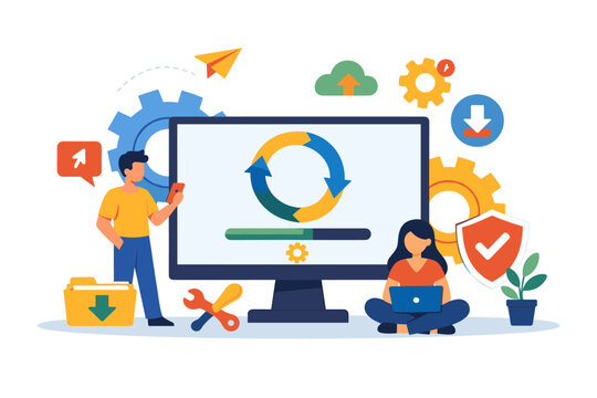 Digital transformation and system update process with progress bar and icons