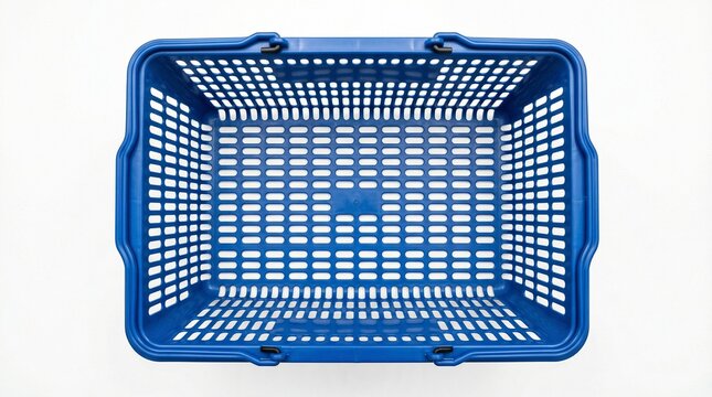 Top-down view of an empty blue plastic shopping basket with a grid pattern on a white background, ready for use.