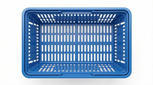 Blue plastic shopping basket viewed from above on a white background, empty and ready for groceries or retail items.