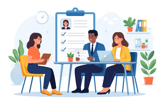 Job interview process with candidates and recruiters discussing qualifications and experience