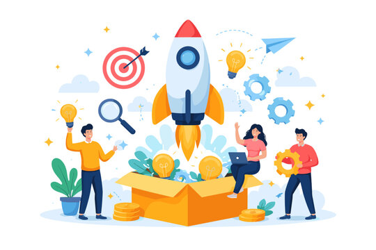 Creative launch concept with rocket and idea generation tools