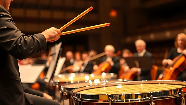 Orchestra percussionist poised over timpani on stage with dramatic lighting. event programs, museum guides, designed for cultural heritage projects and event programs, supports education.