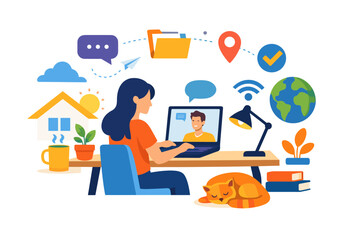 Fototapeta premium Woman working remotely on laptop with video call and cozy home office elements