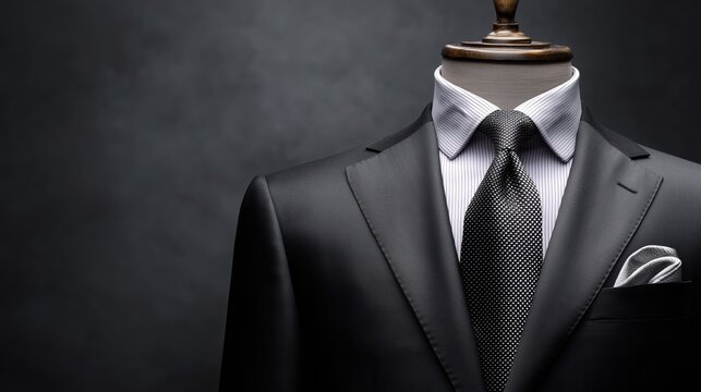 Black Formal Suit with Dotted Tie and Pocket Square on Mannequin &ndash; Classic Menswear Concept