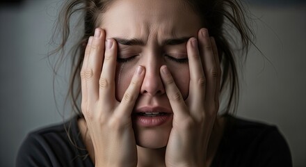 Fototapeta premium A young woman with messy hair is crying, covering her eyes with her hands and pressing her temples. She appears distressed and overwhelmed.