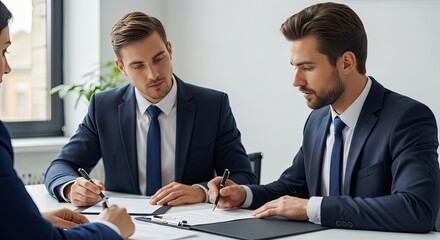 Fototapeta premium Three Businessmen in Suits Collaborating on Documents at a Conference Table.