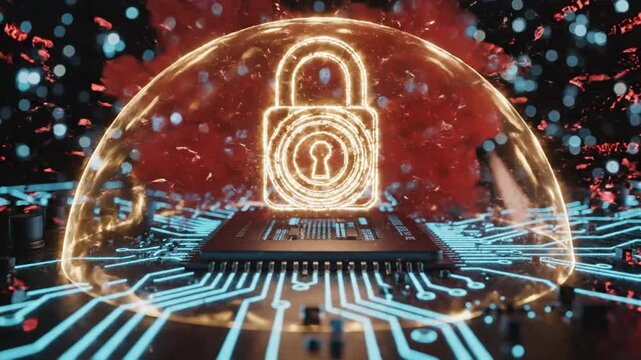 A glowing digital padlock icon provides robust cybersecurity protection over a futuristic circuit