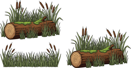 Wetland Marsh Grass and Fallen Tree Log with Cattails Vector Illustration, Natural Swamp Landscape Elements Isolated on White Background © Md