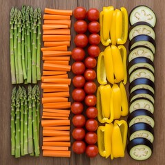 Naklejka premium Artistic presentation of fresh vegetables in neat rows on wood surface
