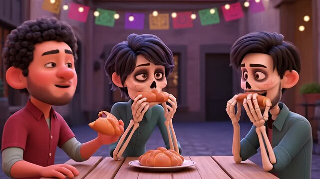 Three animated characters eating bread at a festive outdoor table.