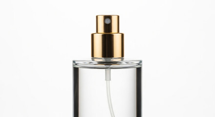Naklejka premium Elegant Glass Perfume Bottle with a Gold Cap, Isolated on a Clean White Background, Exuding Luxury and Sophistication