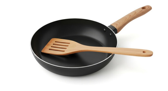 Sleek Black Frying Pan with a Wooden Spatula Resting Inside, Perfect for Any Modern Kitchen Setting