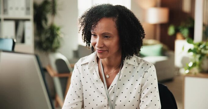 Business, black woman and computer for programming in office with research, software manual and coding. Female person, reading and troubleshooting server with pc, IT maintenance and debugging system
