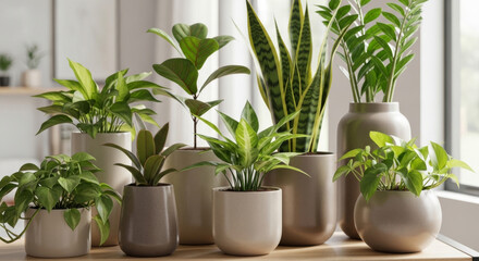 Obraz premium Vibrant Collection of Indoor Plants in Beige Pots, Creating a Fresh and Lively Atmosphere in a Well-lit Room