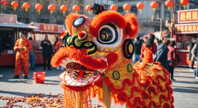 A close-up of a vibrantly colored lion dance head amid a street festival